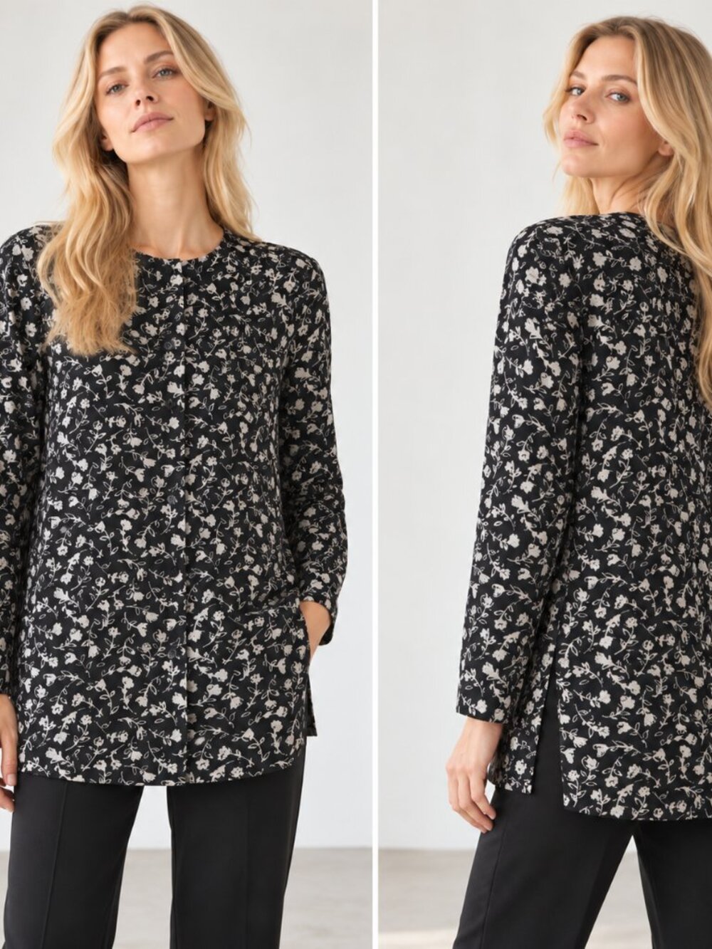 Saks Fifth Avenue Black & Light Grey 100% Silk Floral Button Down Blouse Small S
